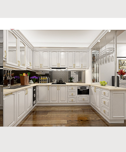 Tủ bếp gỗ xoan đào màu trắng cho nhà cấp 4